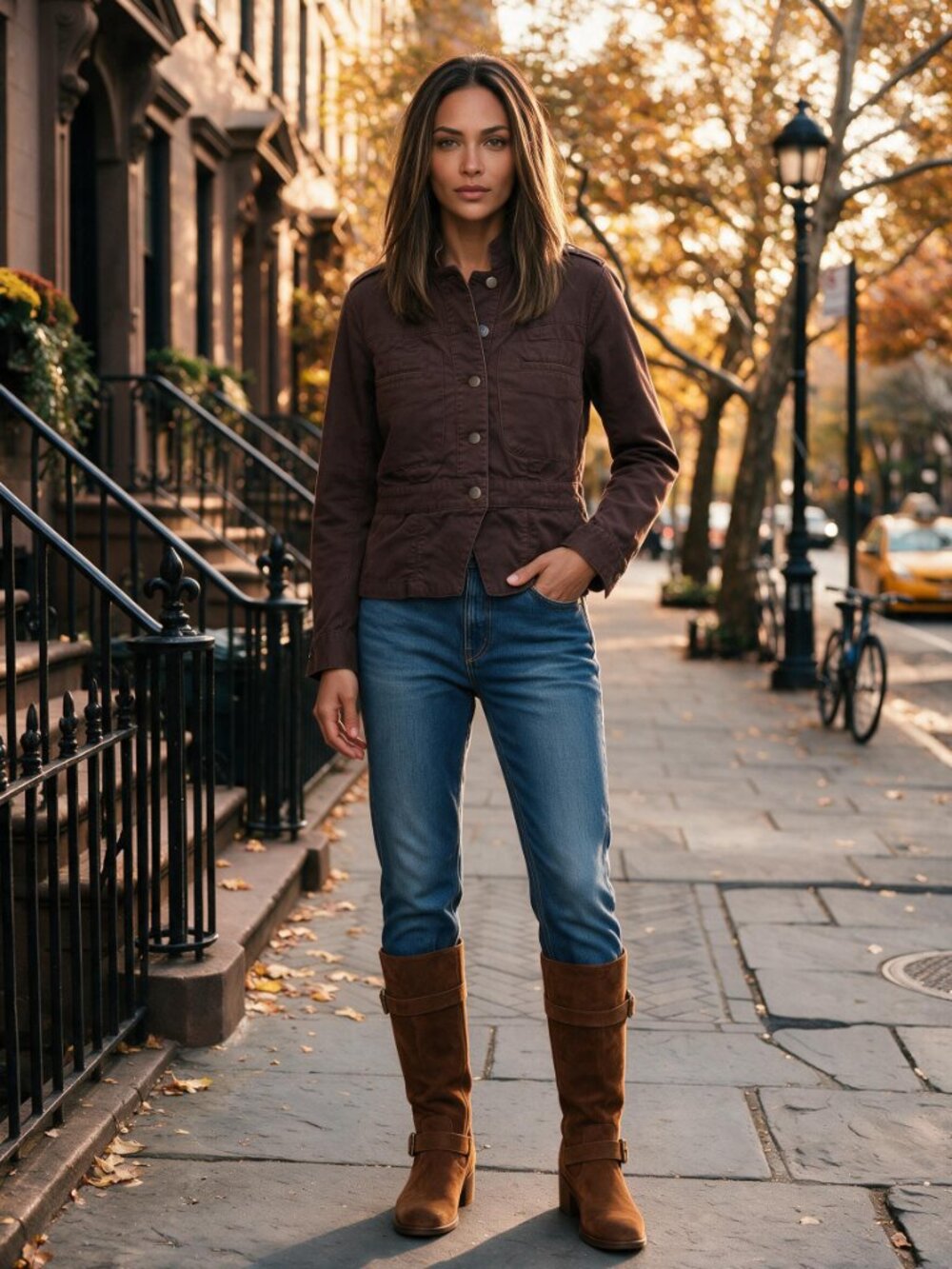 Women Cotton Jacket Military, Safari style in chocolate brown color - size 4